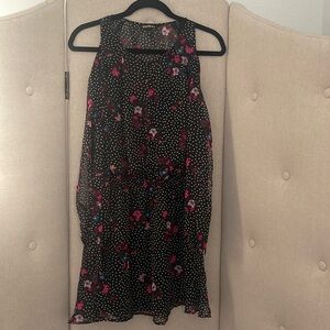 Express Black & Pink Polka Dot Floral Long Sleeve V Neck Elastic Waist Dress XS